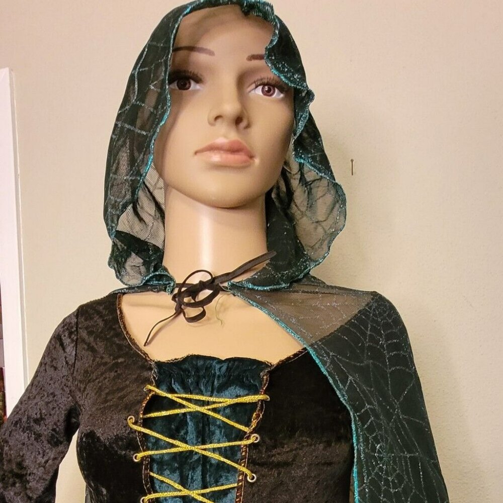 FUN WORLD Womens Black Widow Dress w/ Gloves & Cape Sz L 12-14 Halloween Costume